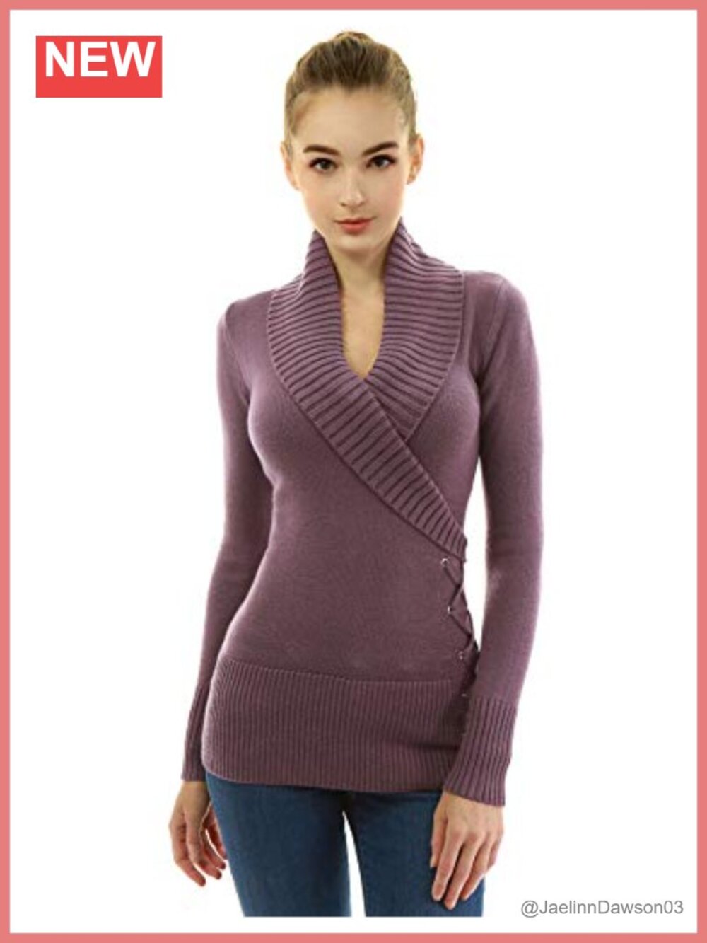 Slim Fit Shawl Collar Faux Wrap Lace Up Long Sleeve Acrylic Sweater Pullover
